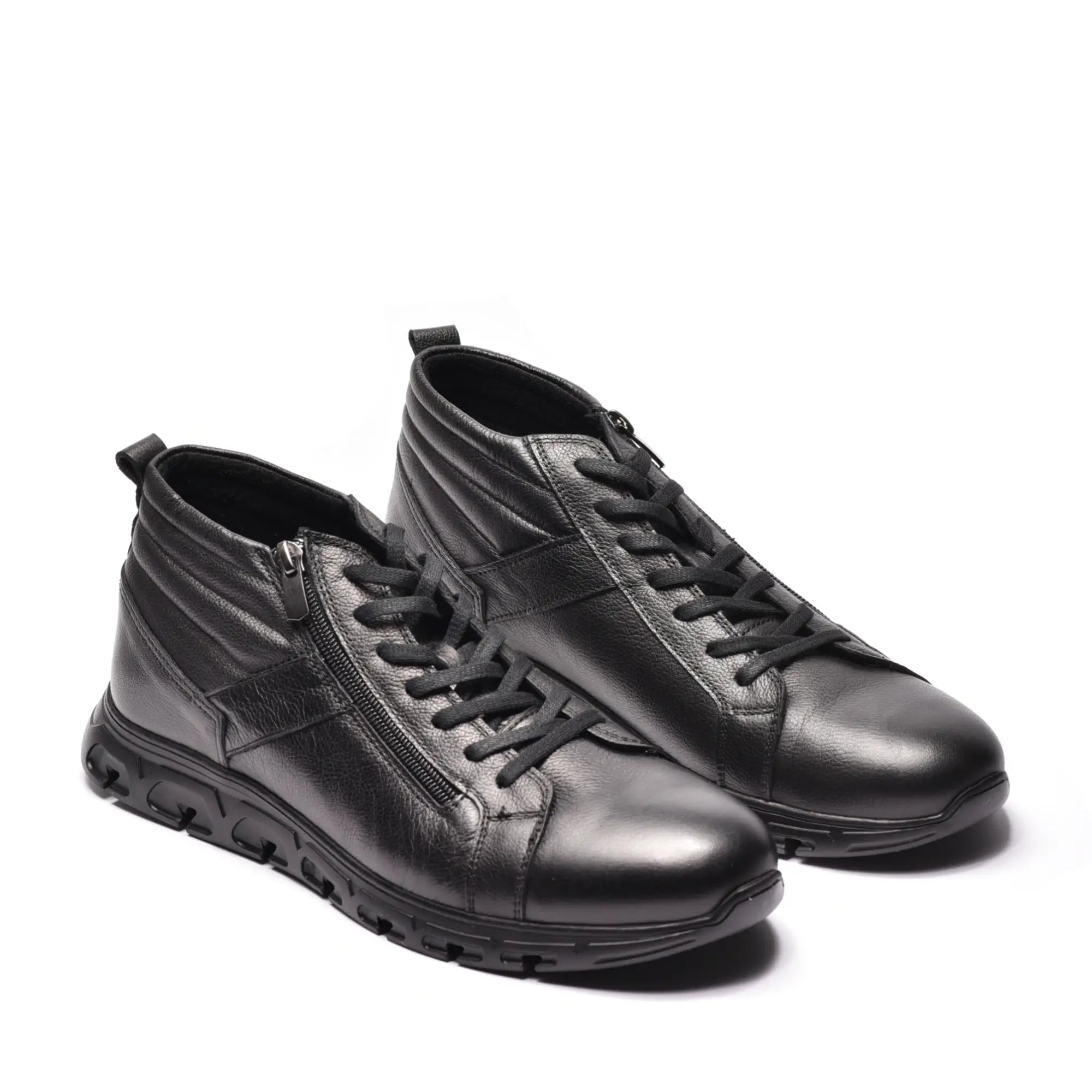 Ghete de barbati cu sireturi si fermoar, din piele naturala neagra
