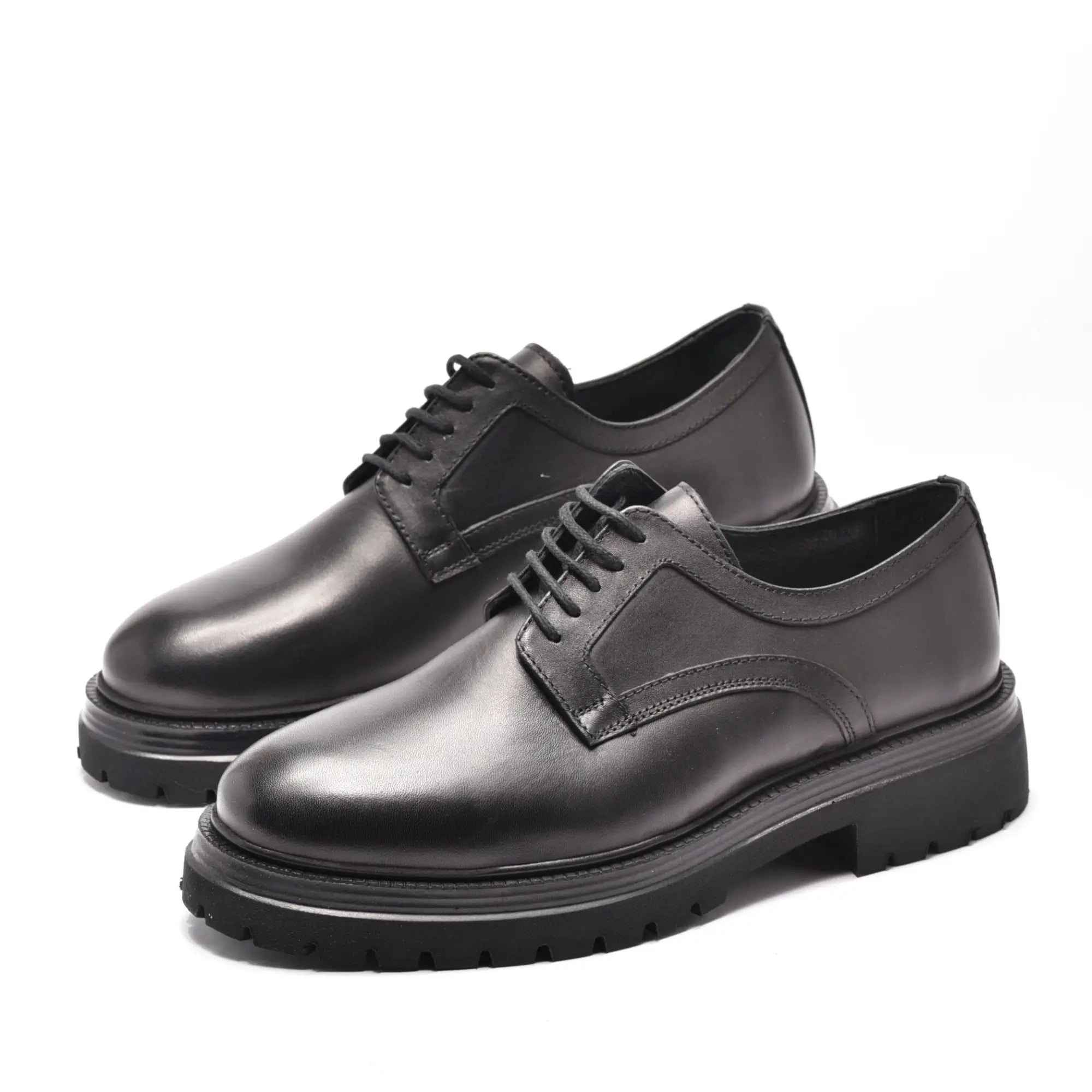 Pantofi casual barbati din piele naturala neagra, cu talpa groasa