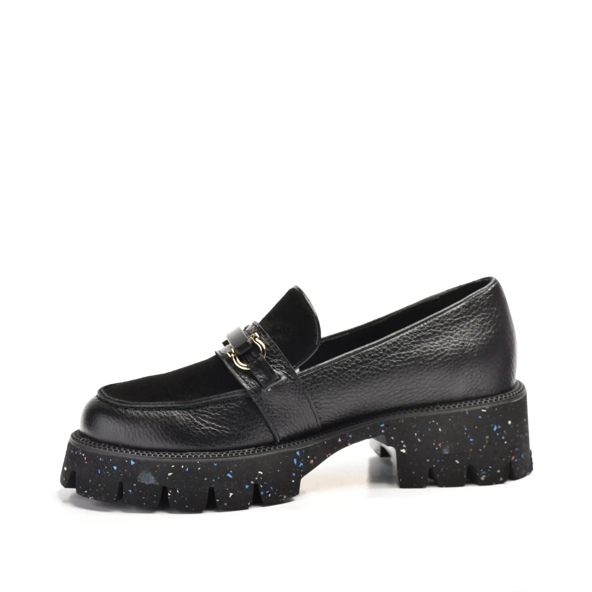 Pantofi casual dama loafers negre, cu talpa groasa, din piele naturala Roen