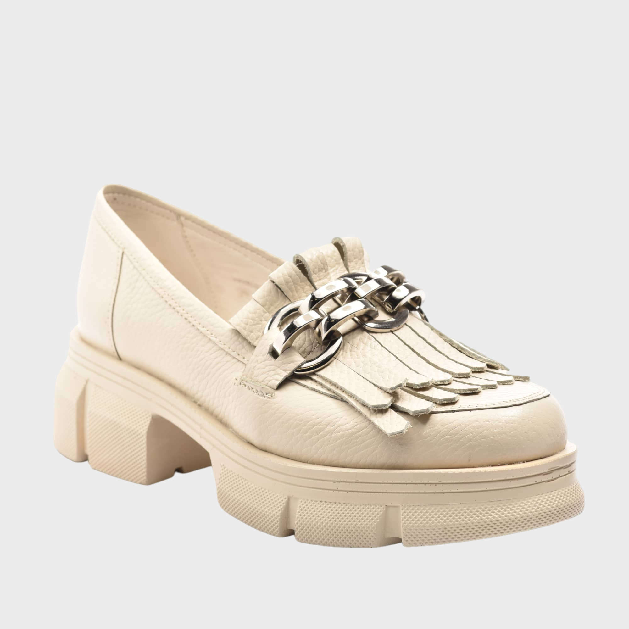 Pantofi casual loafers cu lant si franjuri din piele naturala bej Klara