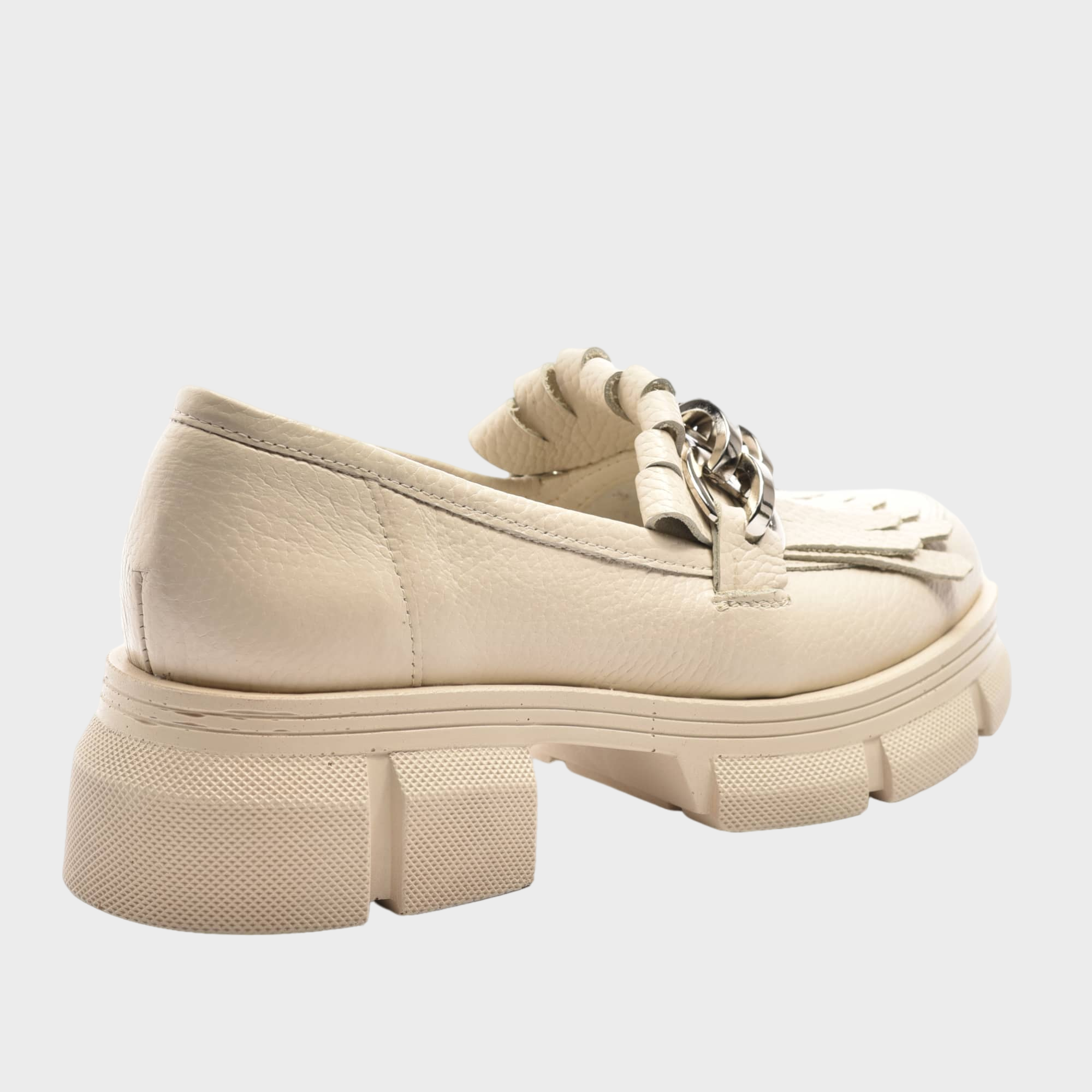 Pantofi casual loafers cu lant si franjuri din piele naturala bej Klara