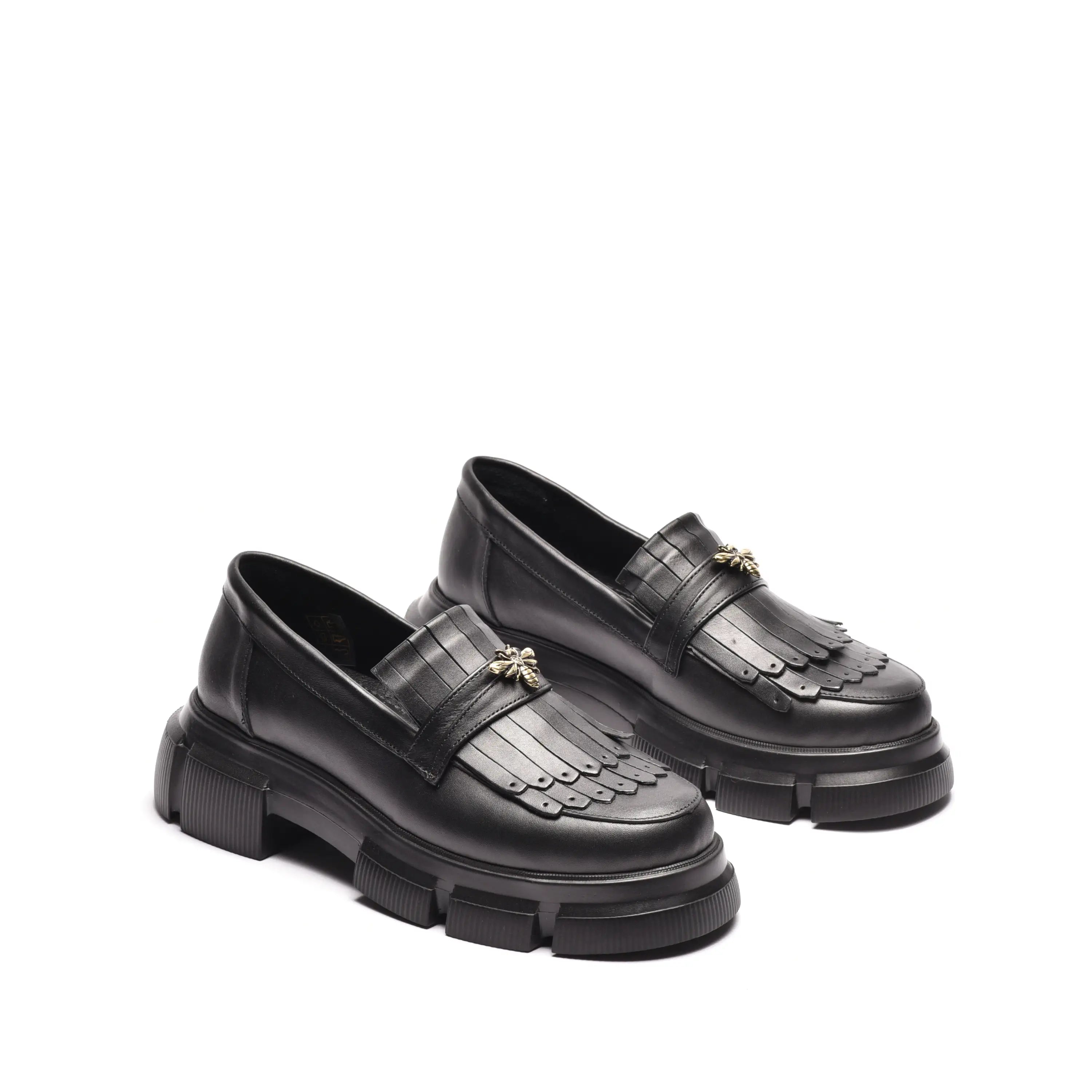 Pantofi dama cu franjuri din piele naturala neagra Mia