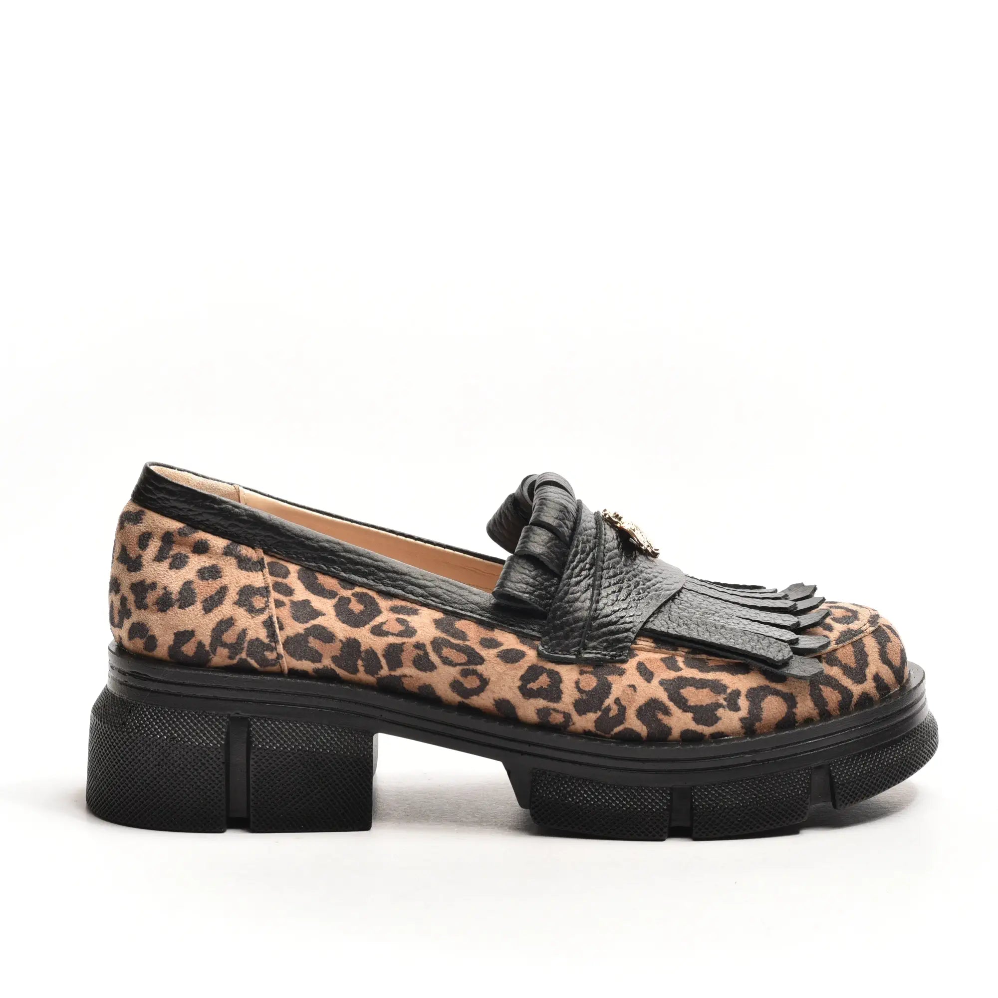 Pantofi dama Umme, loafers cu franjuri si albina, din piele animal print