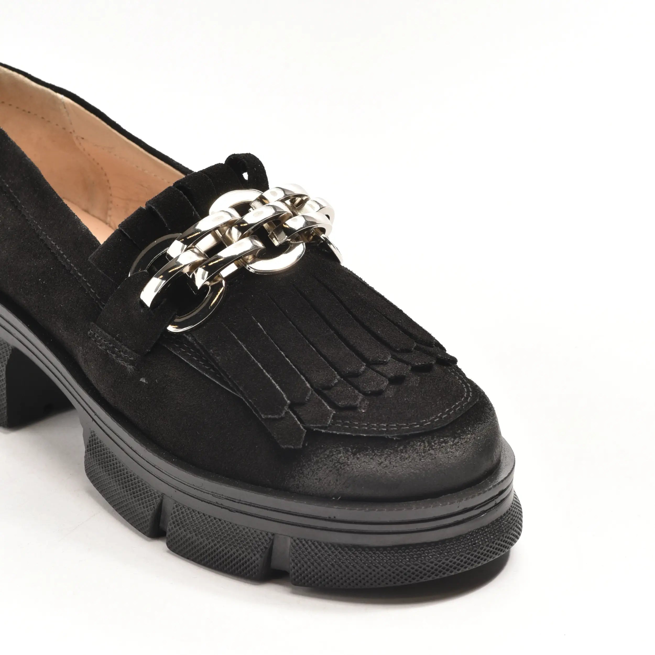 Pantofi dama Umme, loafers cu franjuri si lant, din piele intoarsa neagra Klara