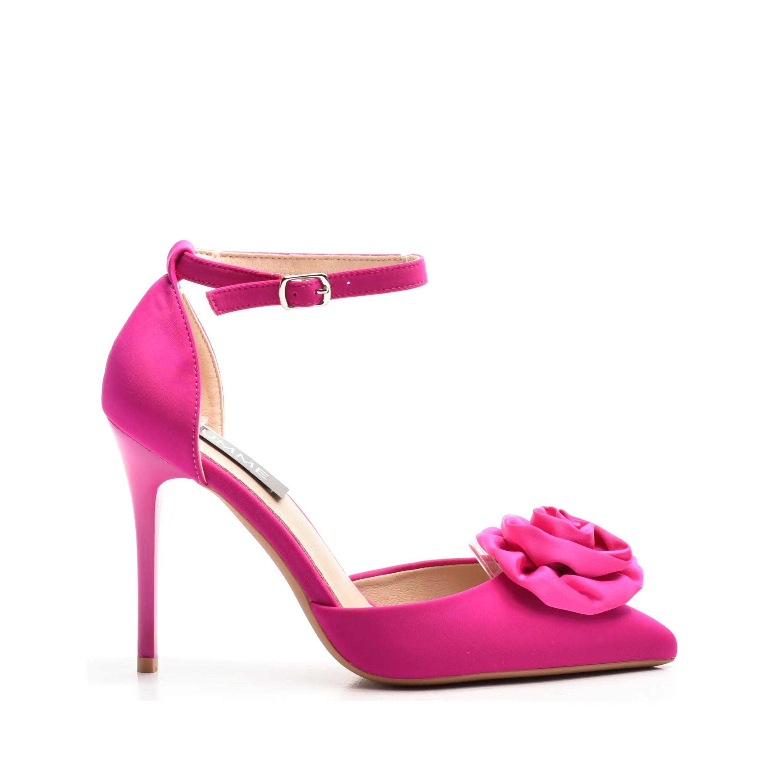 Pantofi roz cu toc subtire si decor floral, eleganti si chic