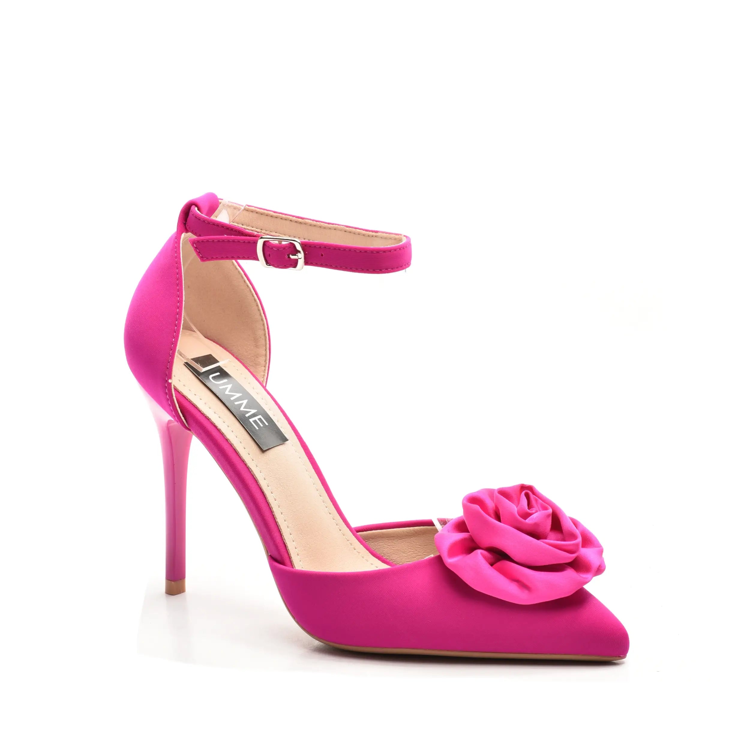 Pantofi roz cu toc subtire si decor floral, eleganti si chic