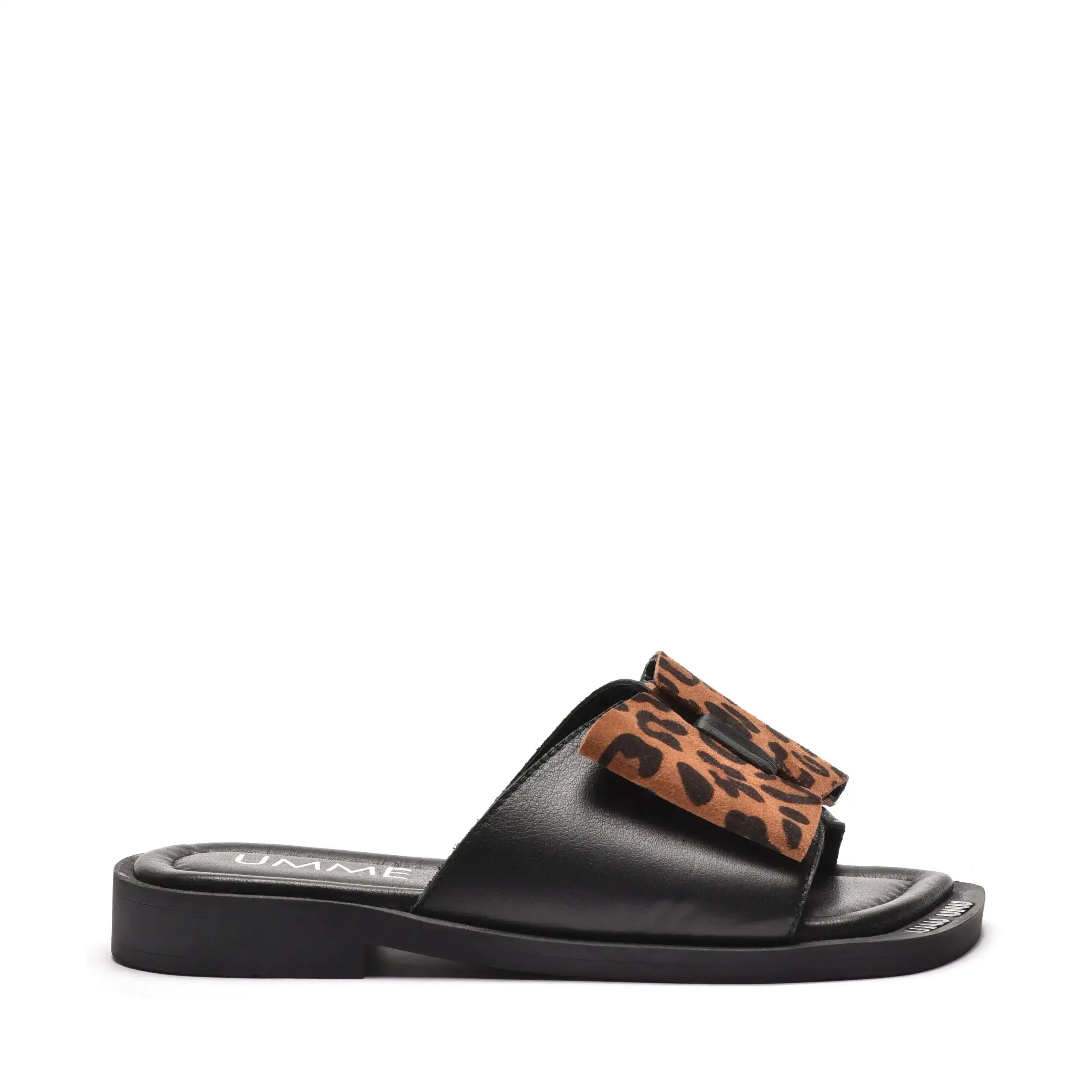 Papuci dama cu fundita animal print din piele naturala neagra