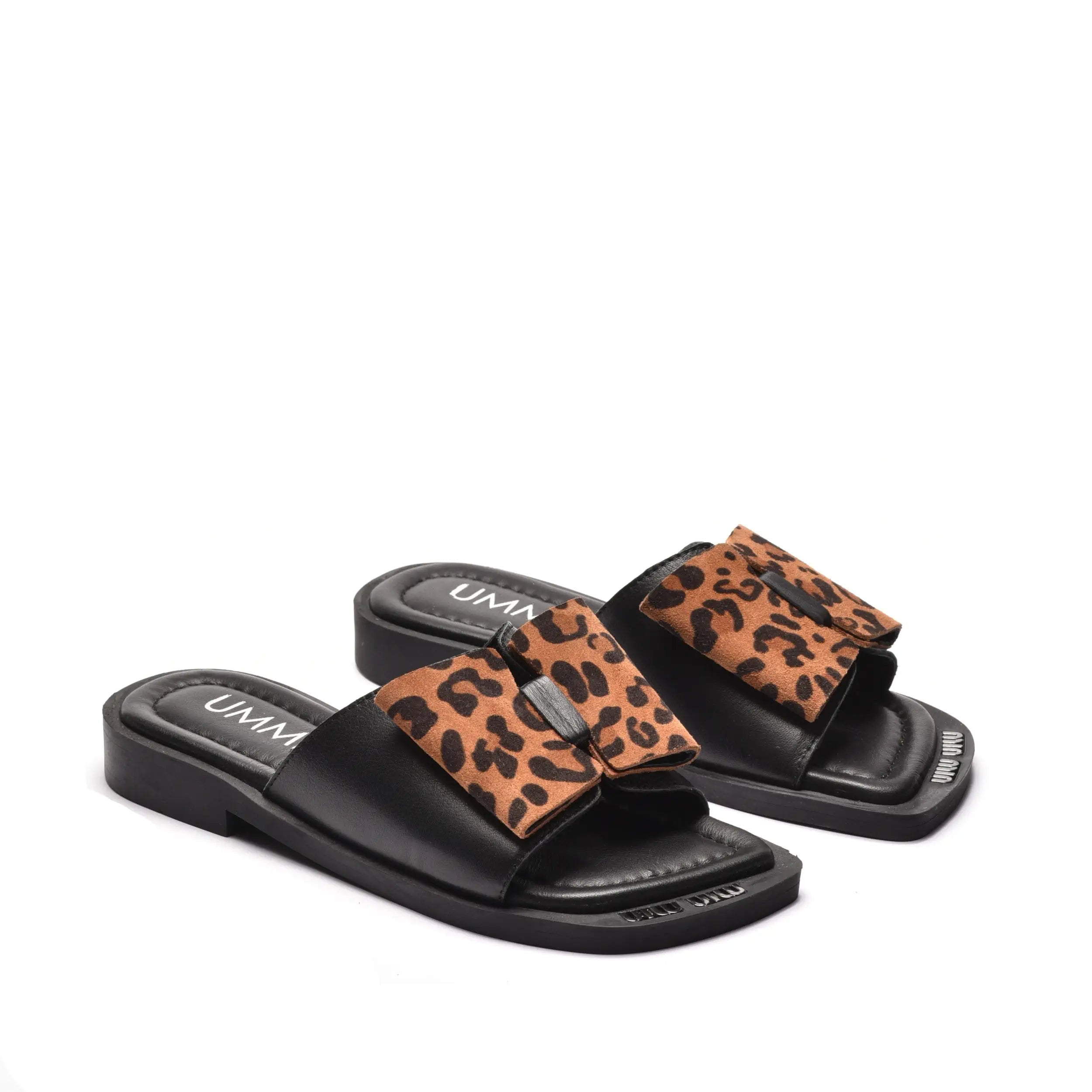 Papuci dama cu fundita animal print din piele naturala neagra