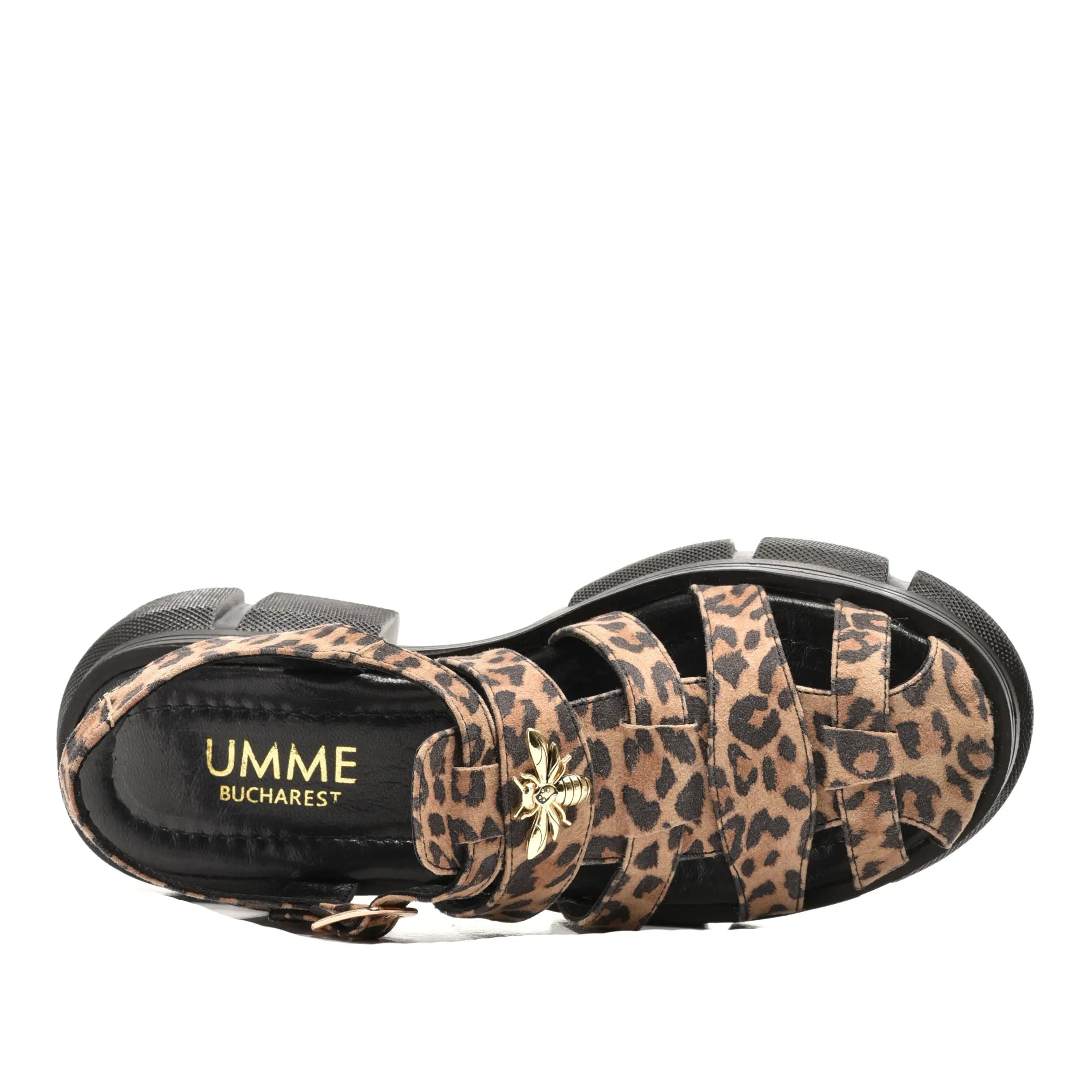 Sandale dama animal print, de vara, Emily, din piele natural, cu accesorii albina si talpa usoara