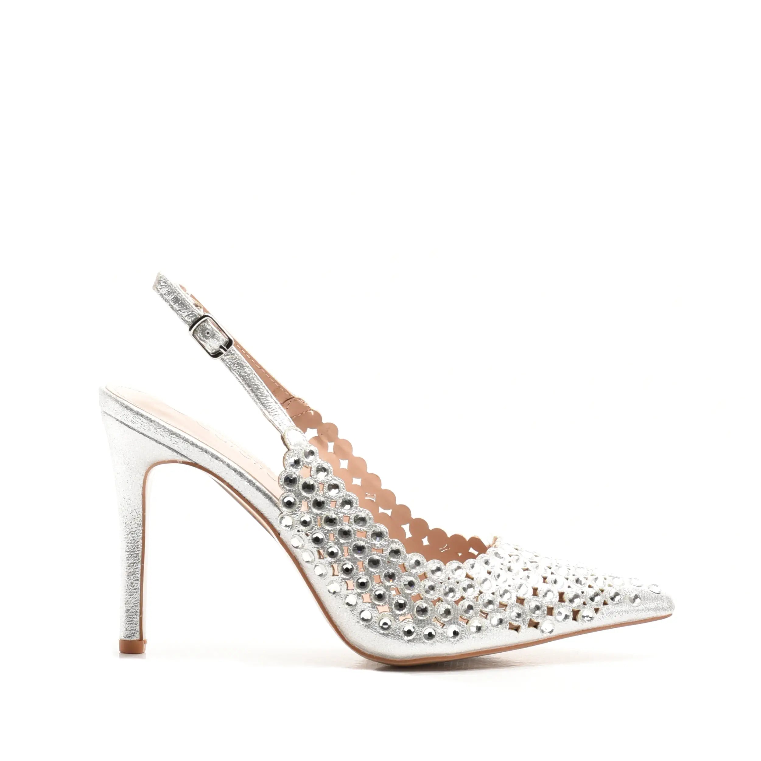 Sandale Elegante Perforate Dama cu Toc Inalt, Argintii cu Strasuri