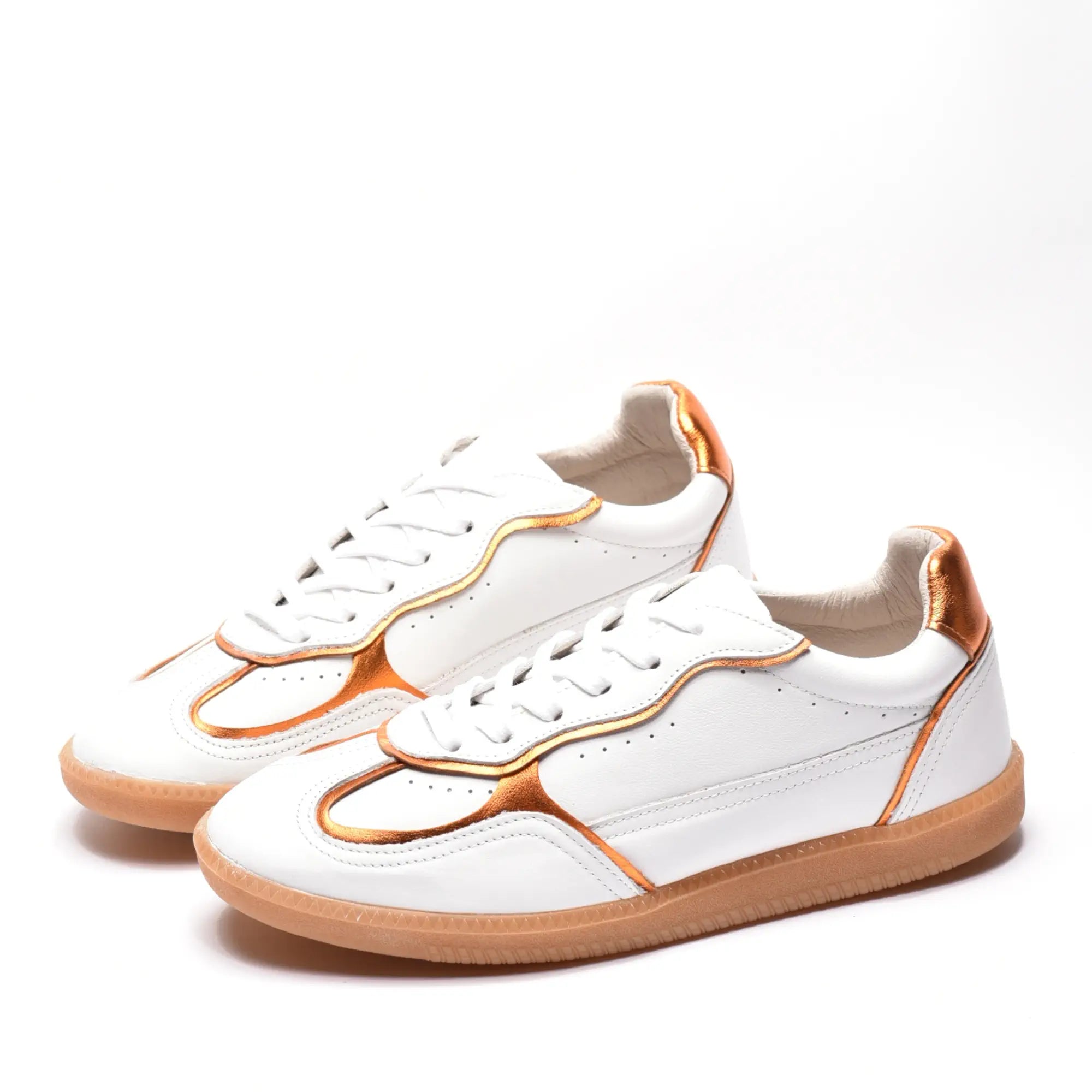 Sneakers dama cu talpa subtire din piele naturala alba portocalie ZF5