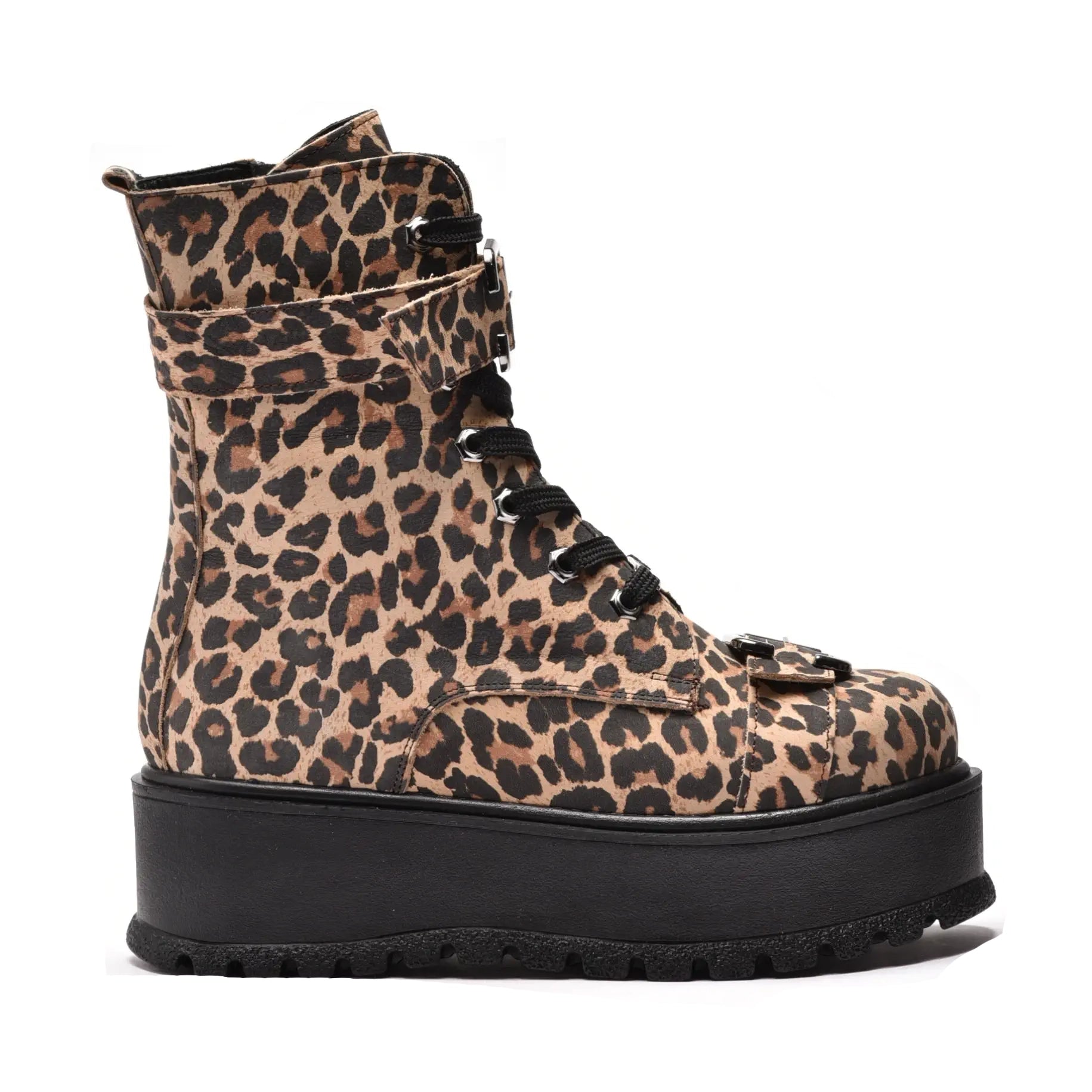 Ghete cu doua catarame, cu sireturi si fermoar, din piele naturala print, Lidia